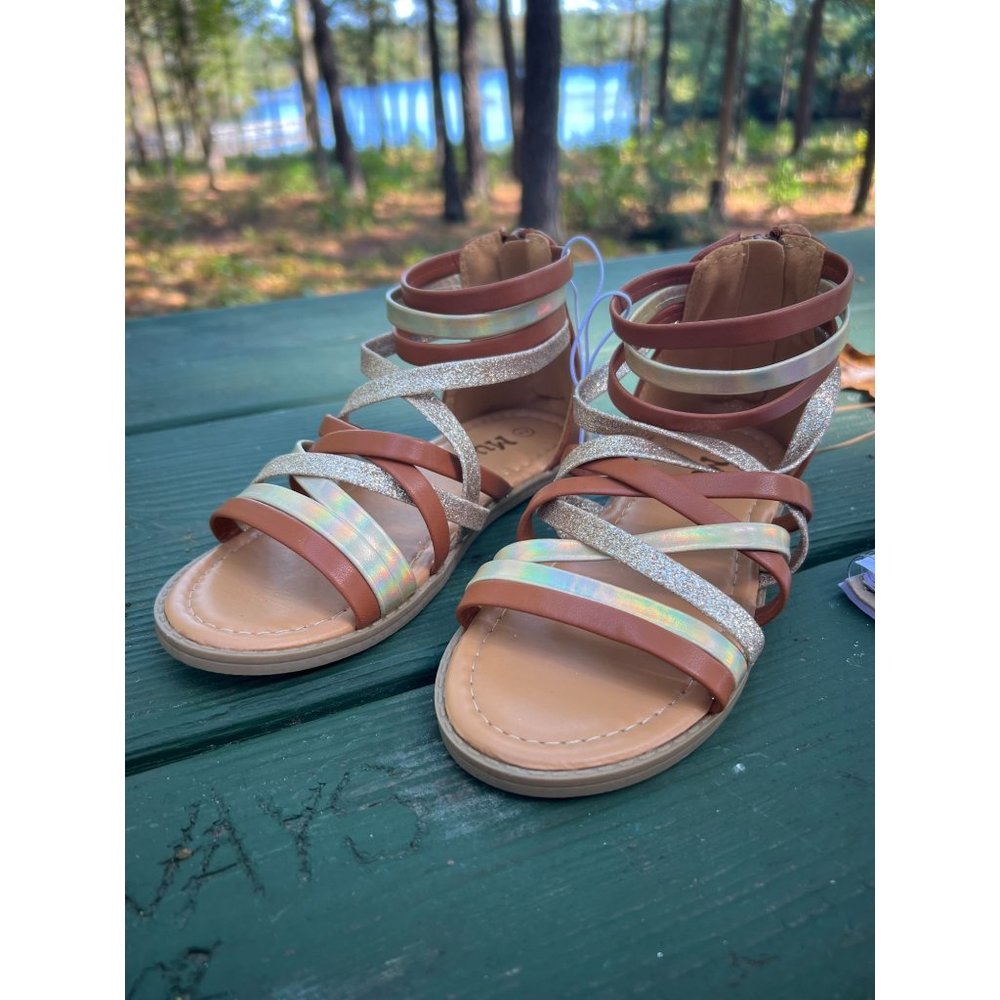 Mudd Girls Aries Gladiator Sandals Strappy Back Zip Brown Gold Glitter Sz 2 NWT